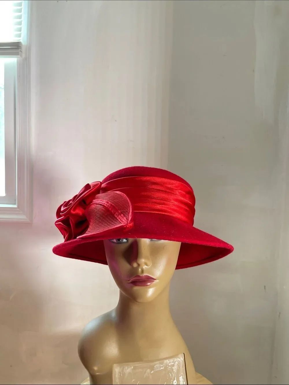Unbranded Elegant 100% Red Wool Felt Women's Wide-Brim Dress Hat